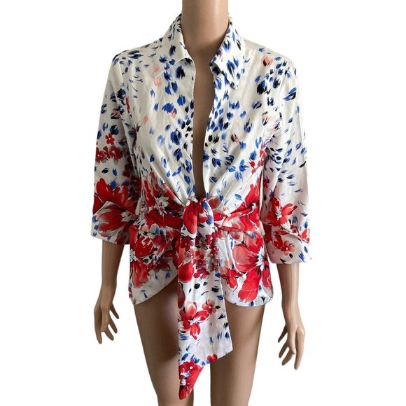 Floral Tie-Front Blouse - Red and Blue - Picture 10 of 10